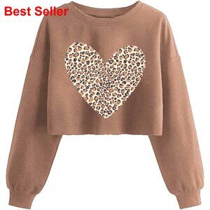 Valentine's Crop Sweatshirt Women Heart Graphic Lantern Sleeve Pullover Casual
